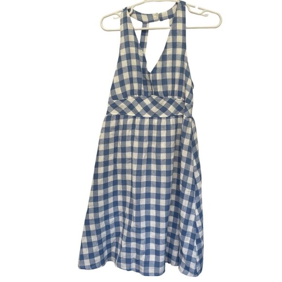 Flying Tomato Blue White Gingham Sleeveless Halter Dress Smocked Back Medium - Picture 1 of 5